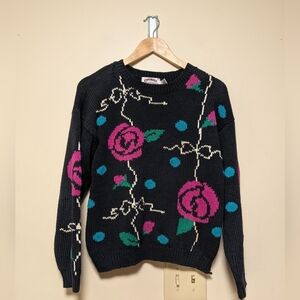 Vintage 80s/90s Rose Print Cotton Knit Sweater – Black – Size Small